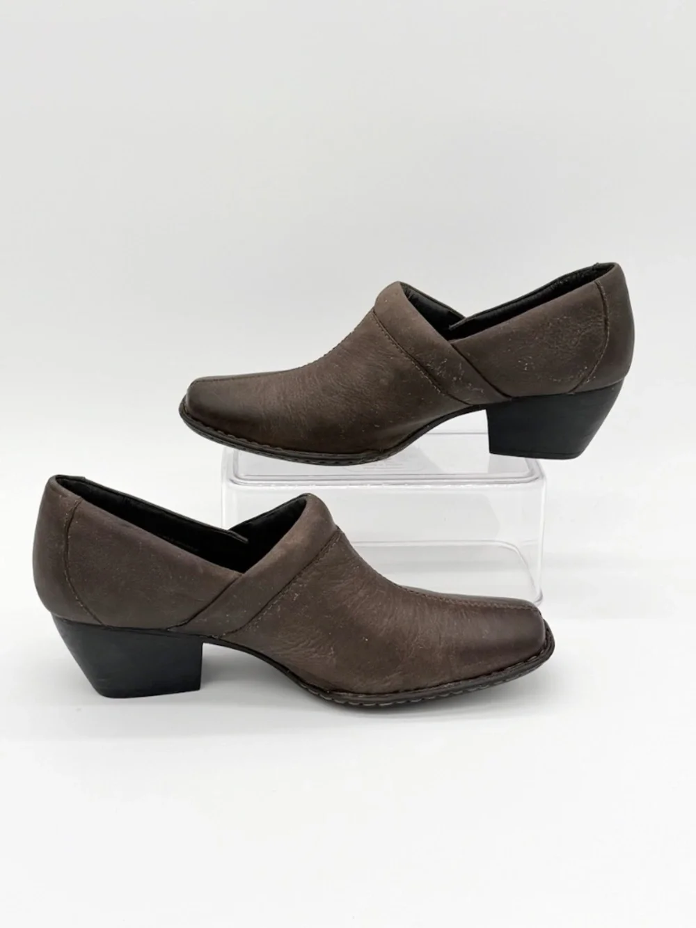 Born Kinney Brown Leather Heeled Clogs Shooties Slip On Shoes Square Toe 9 40.5